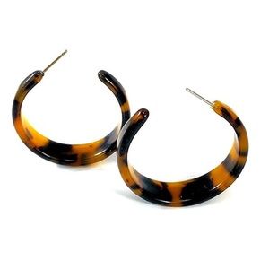 Tortoise Shell Acrylic Hoop Earrings 1 1/2 inch Stainless Steel Posts and Backs